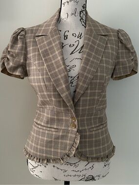 Y2K Plaid Puff Sleeve Peplum Blazer